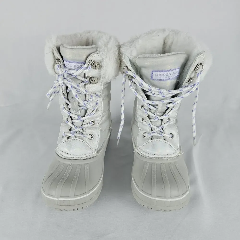 London Fog Girls Bell Court Winter Snow Boots Silver Iridescent Faux Fur Size 12